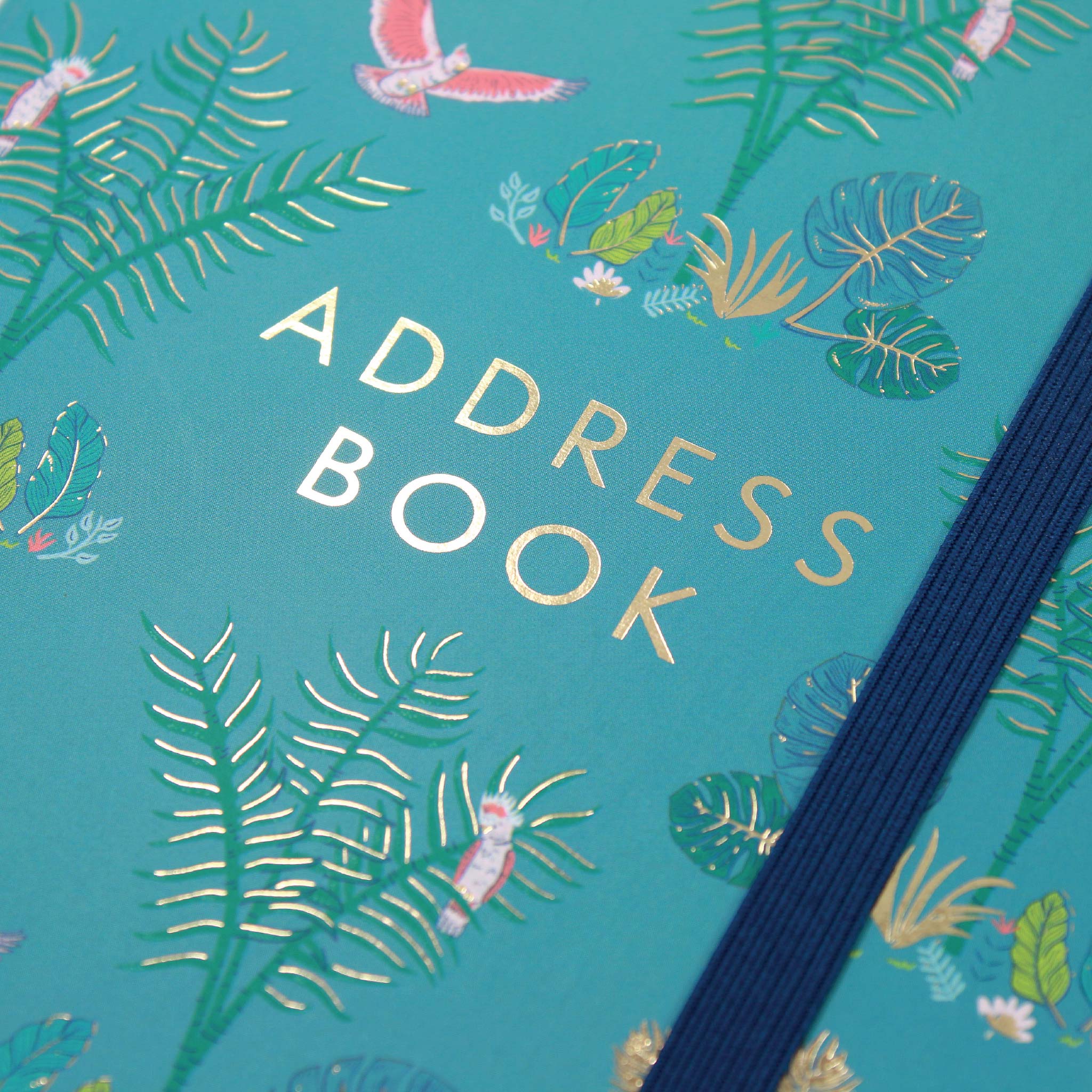 A close up of a address book with a parrot design, good foiling and blue elastic bandeau.