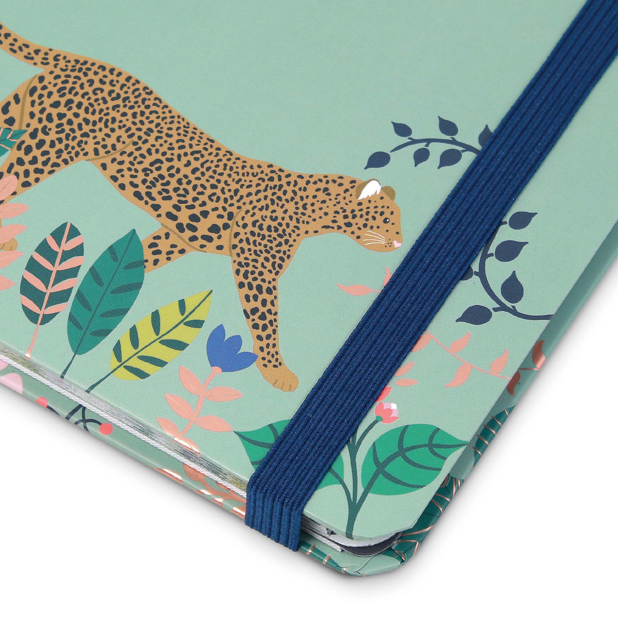 A close up of a small address book with a leopard design and blue elastic bandeau.