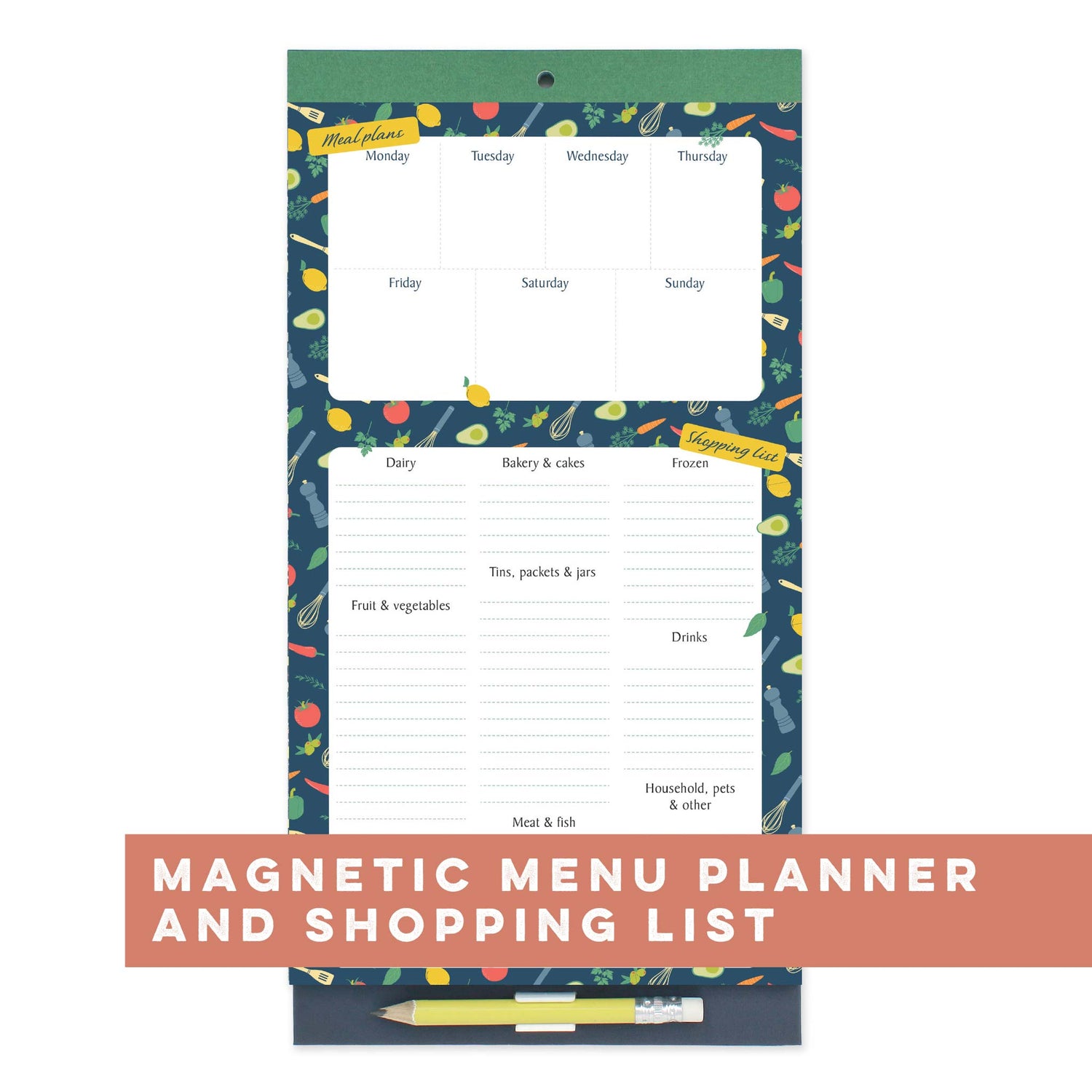 Magnetic menu planner and shopping list.