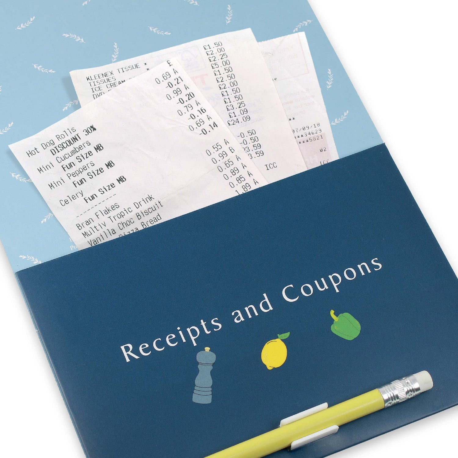 Fridge list with clip on pencil and a pocket at the back for receipts and coupons.,