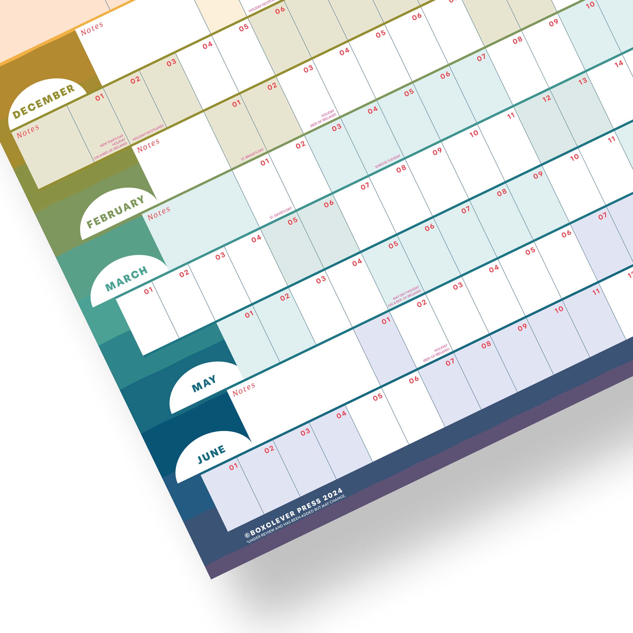 The bottom corner of a wall planner showing note boxes, shaded weekends and colourful pattern