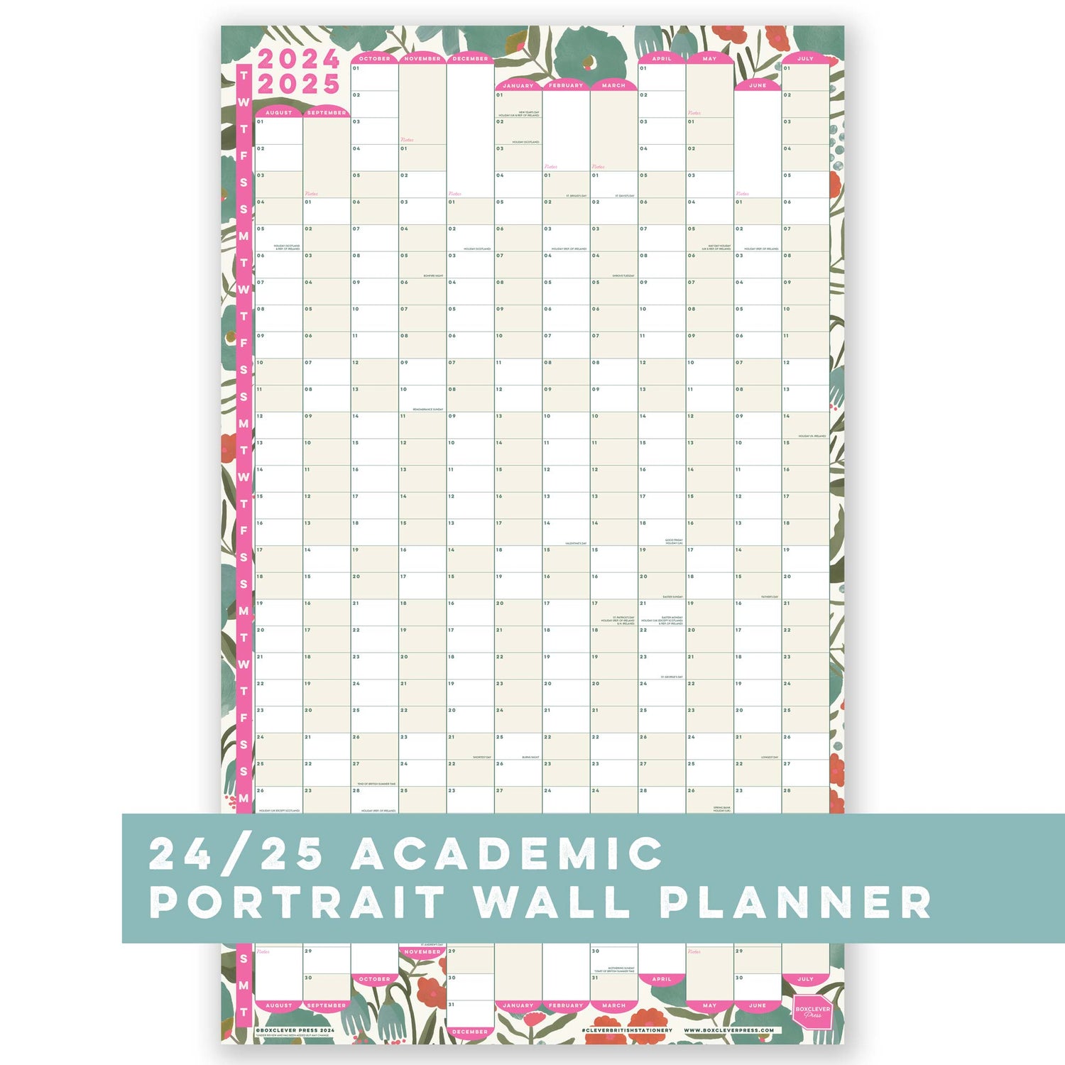 Academic Portrait Wall Planner 24/25 (Floral) | Non-Laminated &amp; Laminated
