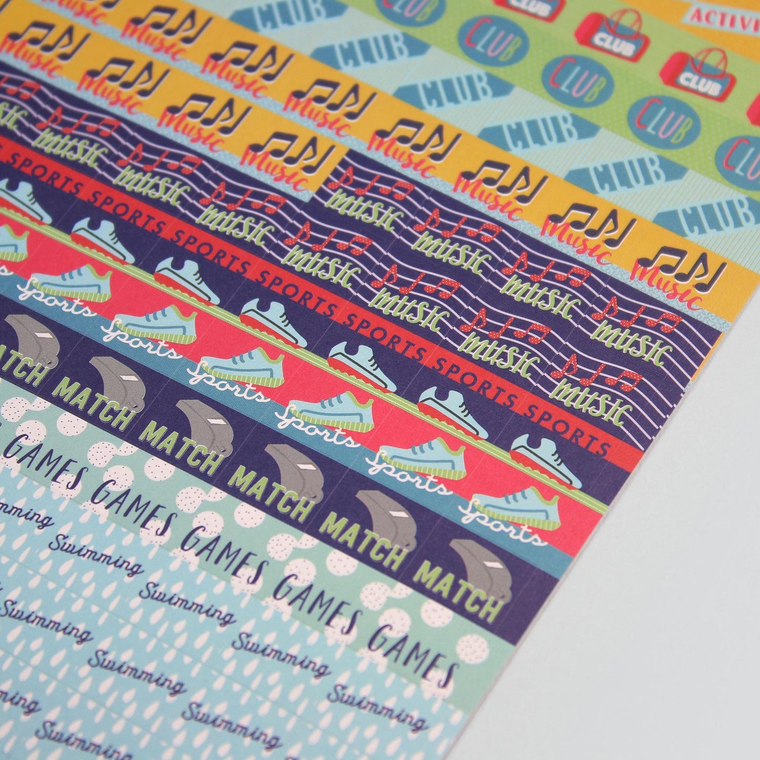 BCSTICK-1-ACT-Gallery_3 Close up of music, sports, match and game diary stickers on pale purple background with colourful design