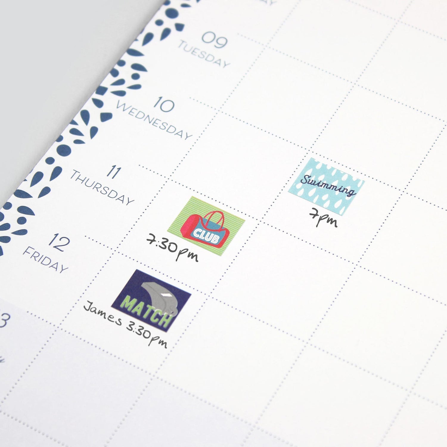 BCSTICK-1-ACT-Gallery_4 Close up of page in 2020 diary showing Tuesday to Friday next to activity stickers showing swimmnig, club and match