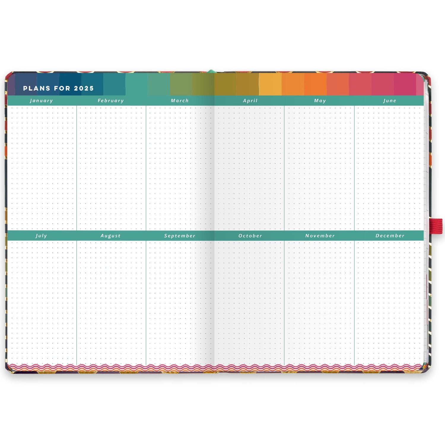 An open diary planner with plans for 2025 and dotted note space for each month. 