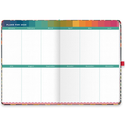 An open diary planner with plans for 2025 and dotted note space for each month. 