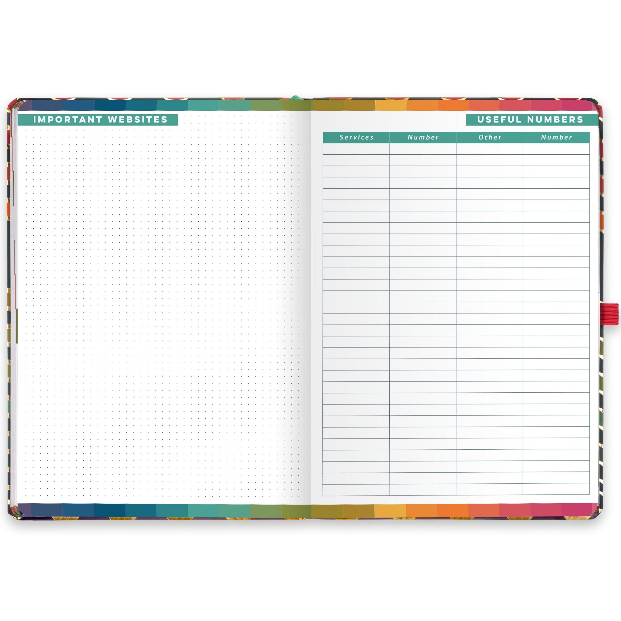 An open diary planner with a page for Important websites and a useful numbers page.