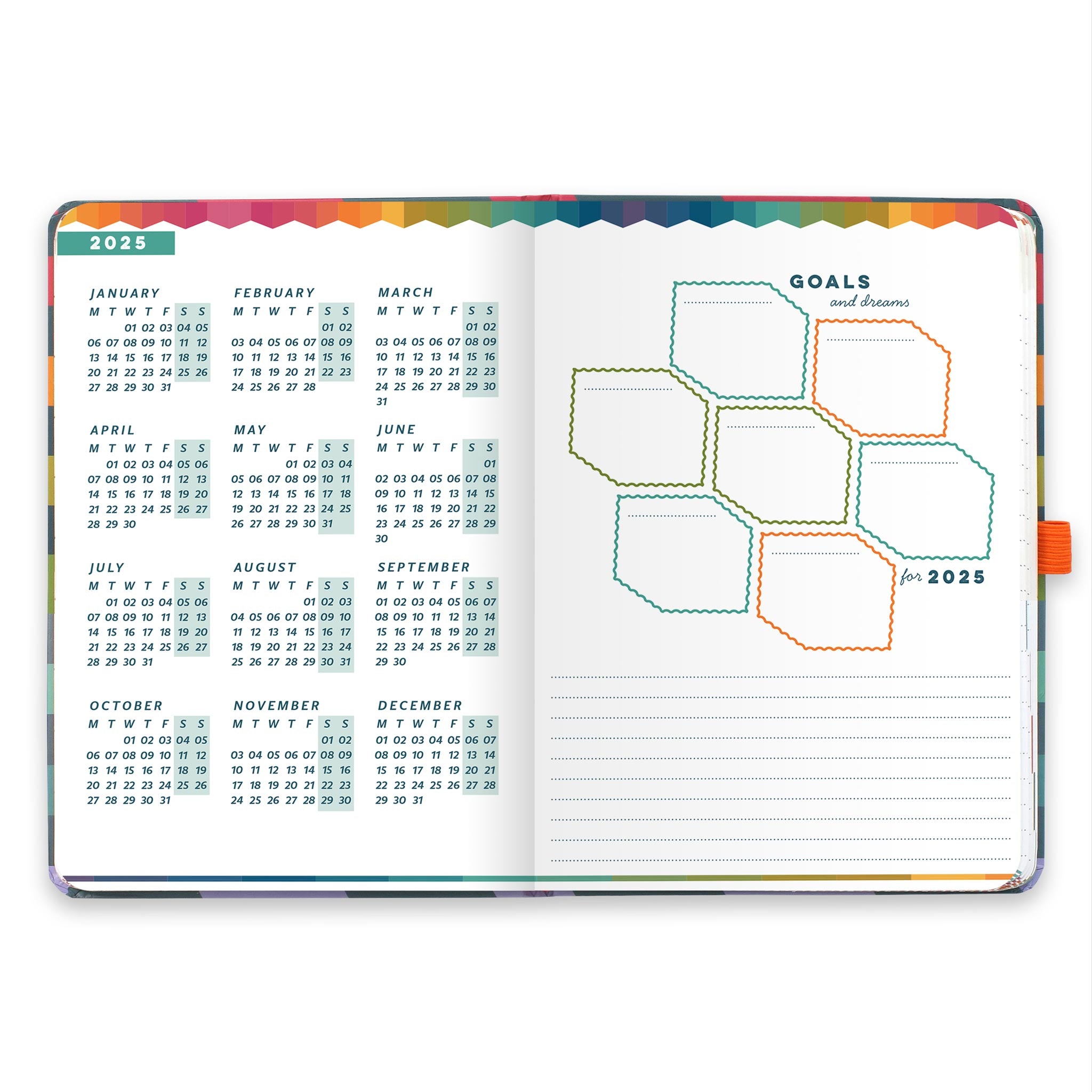 An open diary planner with a goals and dreams for the year page and a page with year micro calendars for 2025 and 2026.