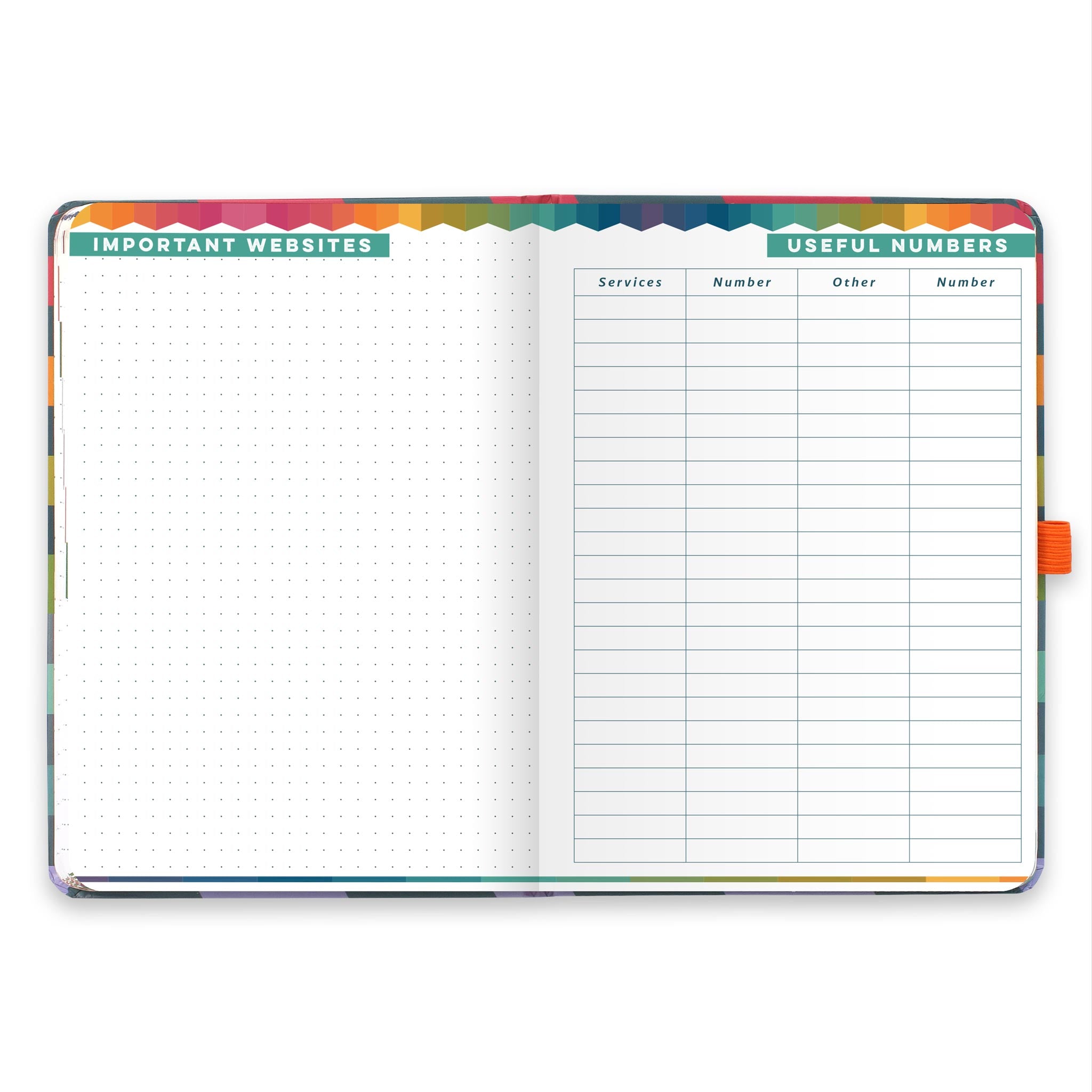 An open diary planner with a page for Important websites and a useful numbers page.