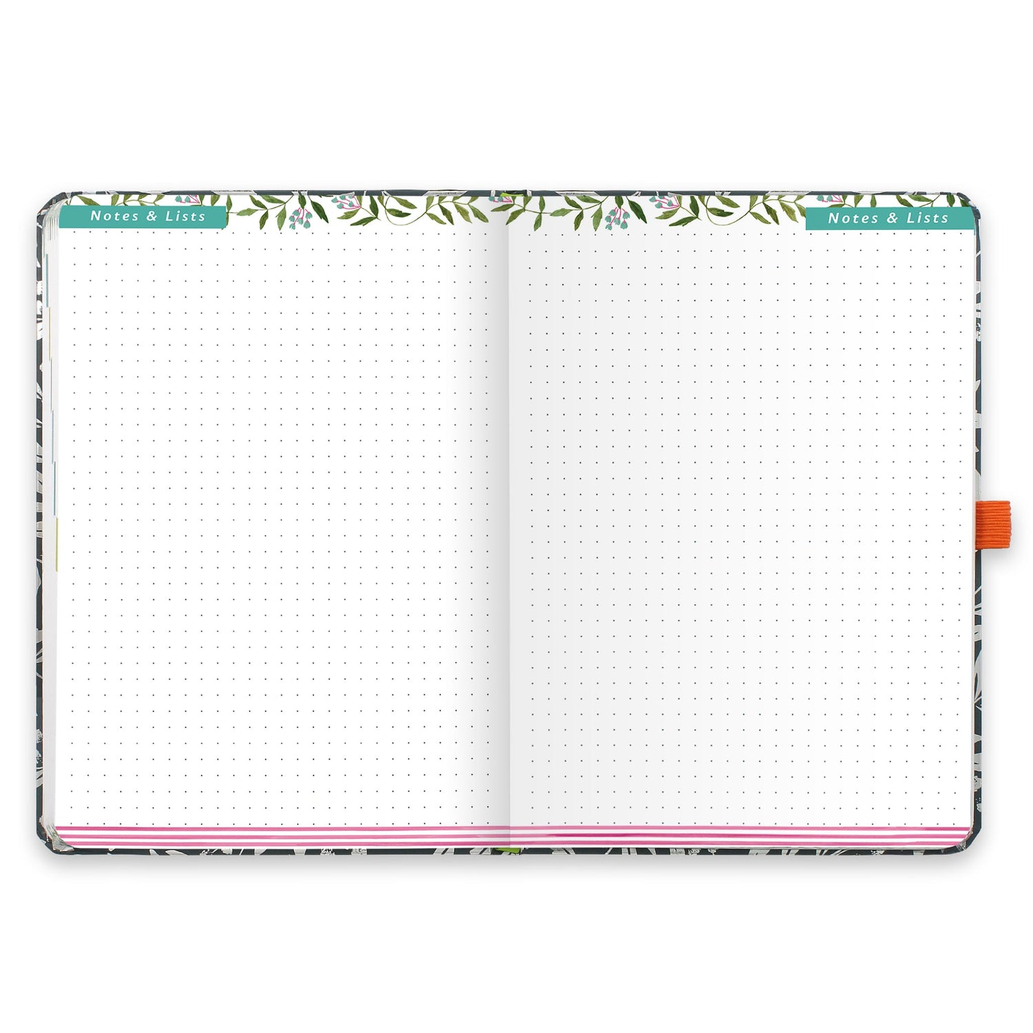 An open diary with dotted notes and lists pages.