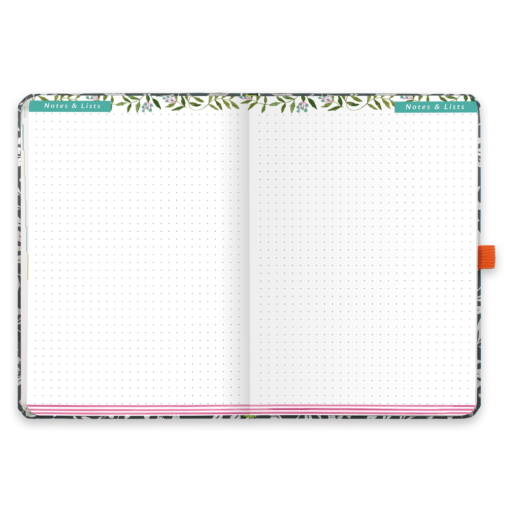 An open diary with dotted notes and lists pages.