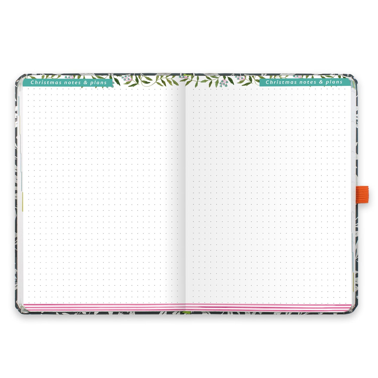 An open diary with dotted Christmas notes and plans pages.
