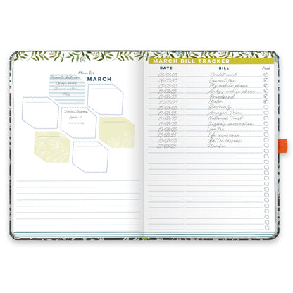 An open diary planner with a monthly plans page and a monthly bill tracker.