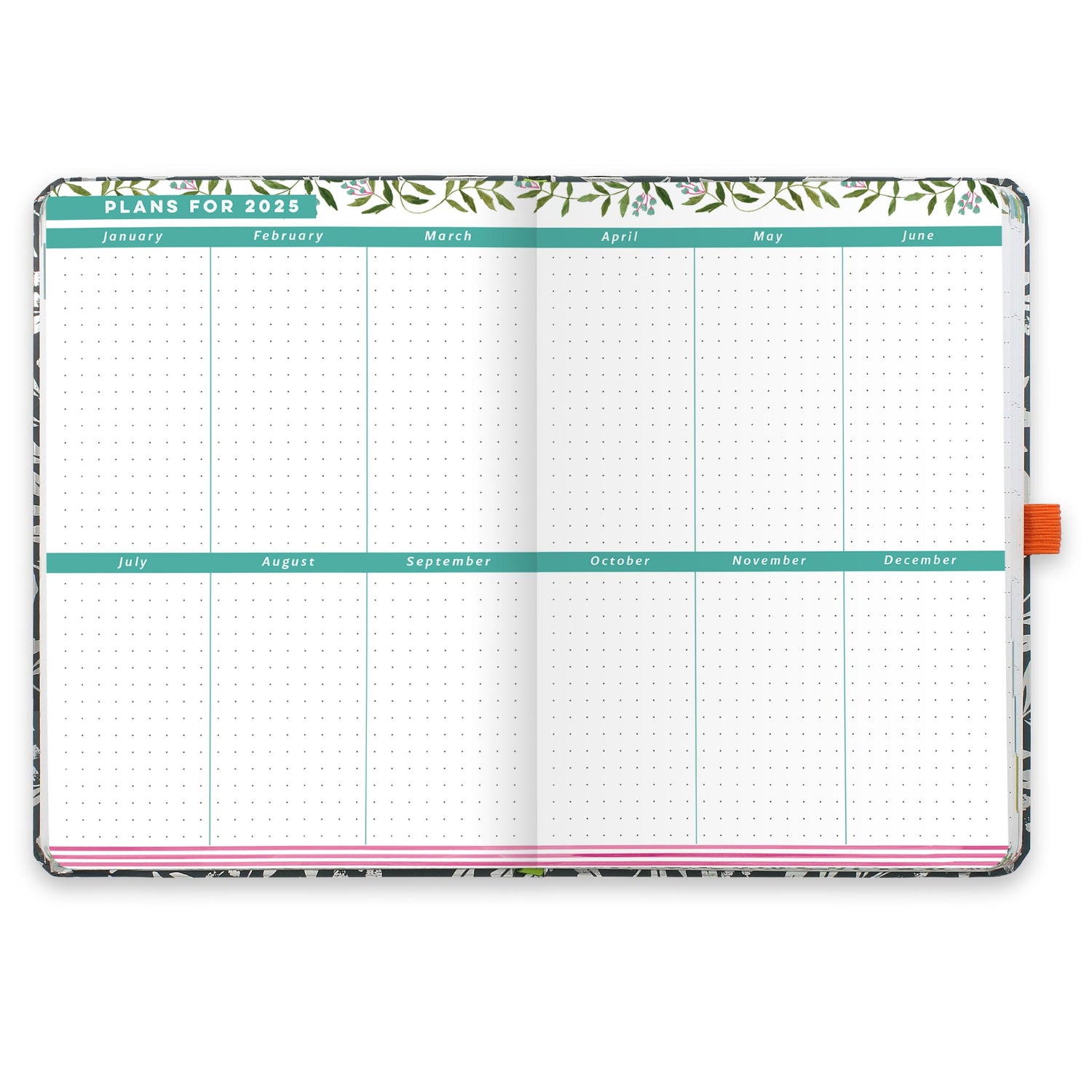 An open diary planner with plans for 2025 and dotted note space for each month. 
