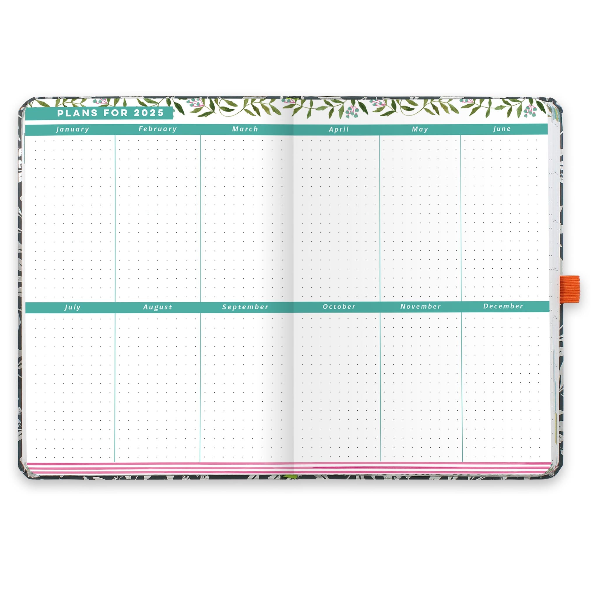 An open diary planner with plans for 2025 and dotted note space for each month. 
