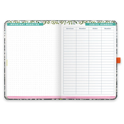 An open diary planner with a page for Important websites and a useful numbers page.