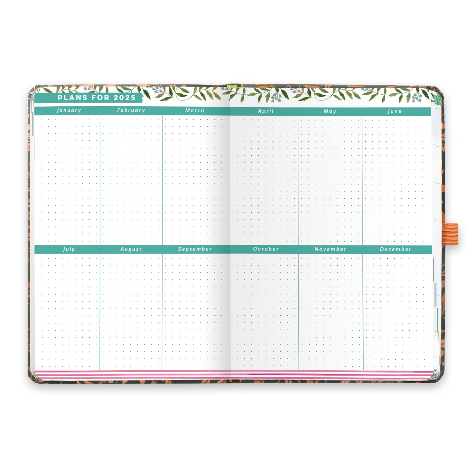 An open diary planner with plans for 2025 and dotted note space for each month.