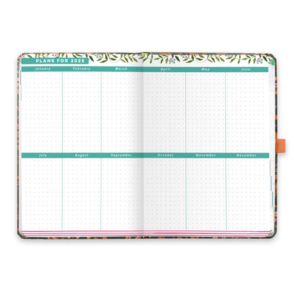 An open diary planner with plans for 2025 and dotted note space for each month.