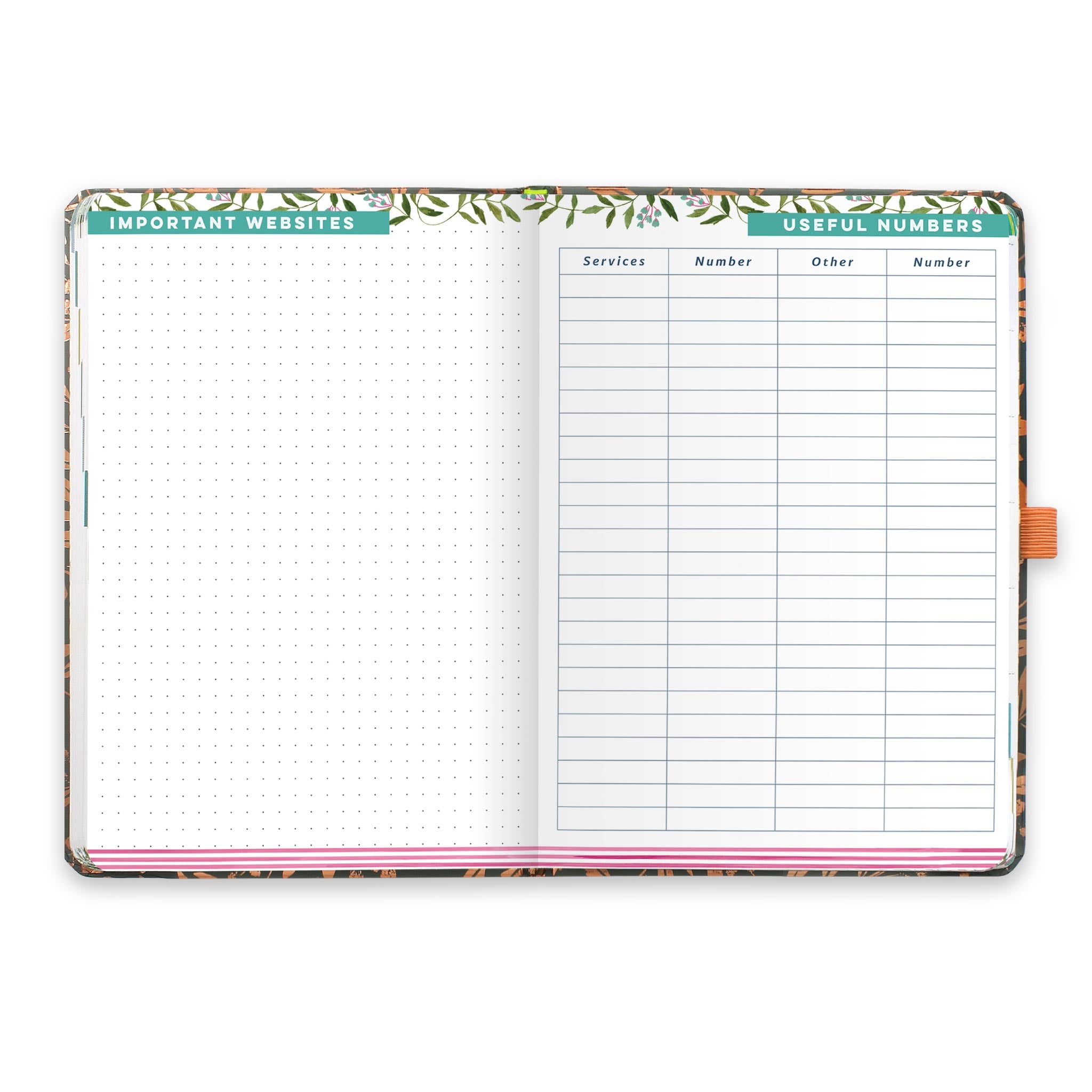 An open diary planner with a page for Important websites and a useful numbers page.
