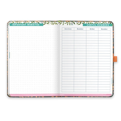 An open diary planner with a page for Important websites and a useful numbers page.
