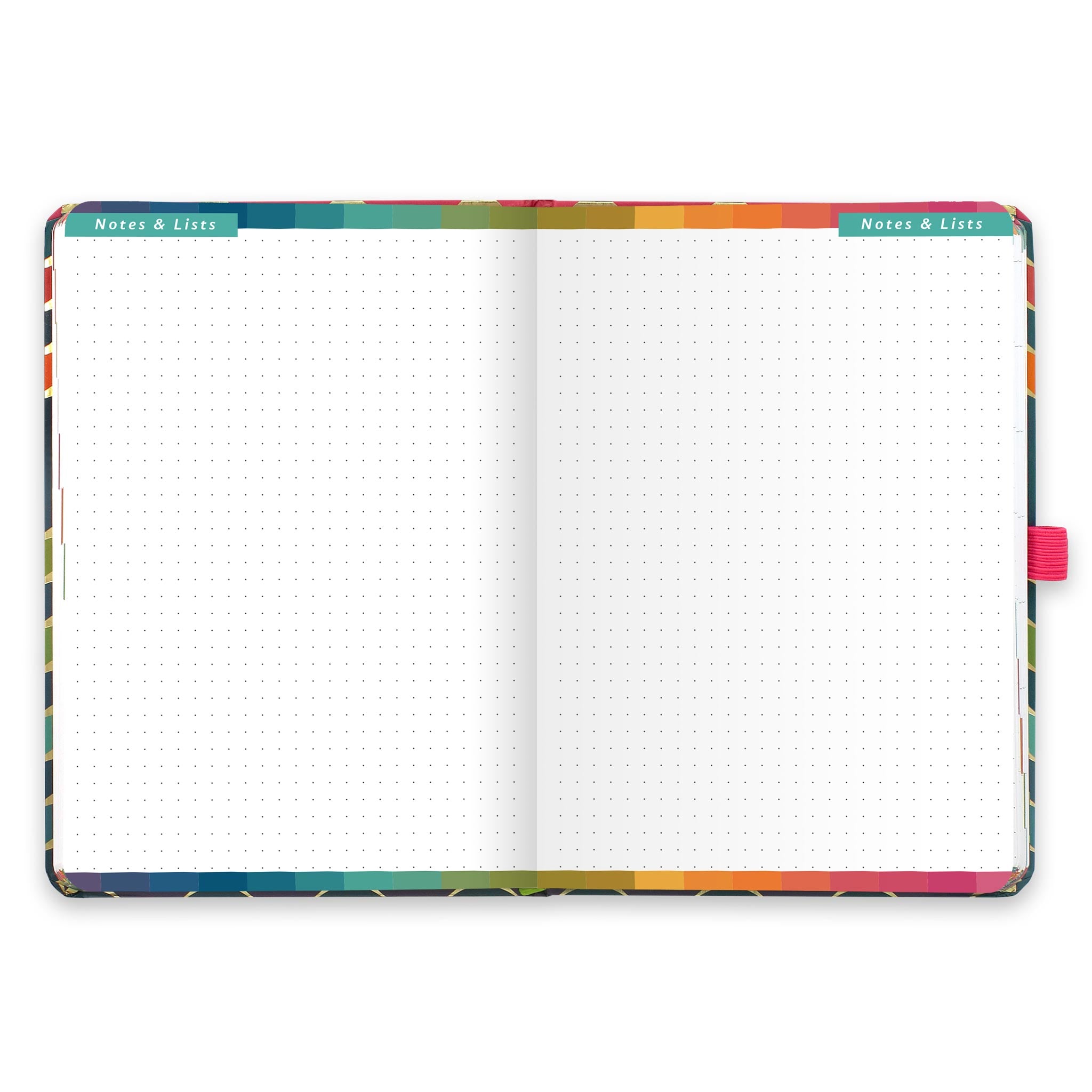 An open diary with dotted notes and lists pages.