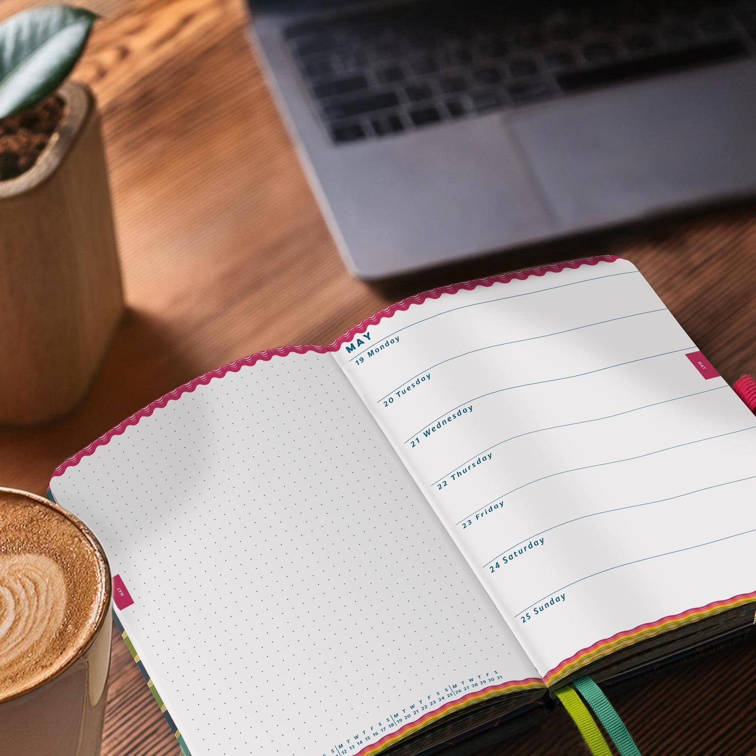 Open Everyday weekly diary on a desk next to a coffee and a plant in a stone pot. 