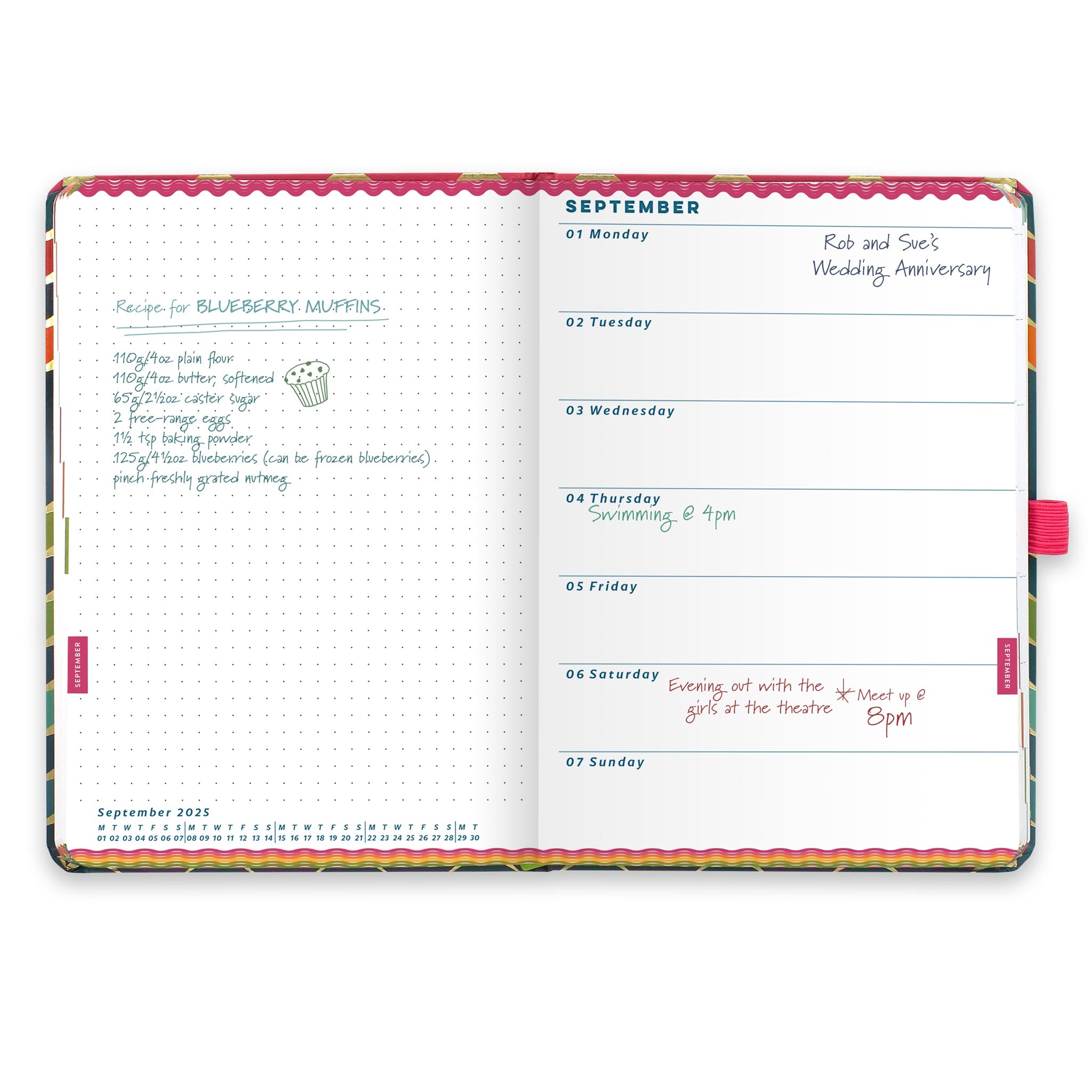 An inside diary spread showing weekly appointments on the right and notes on the left.
