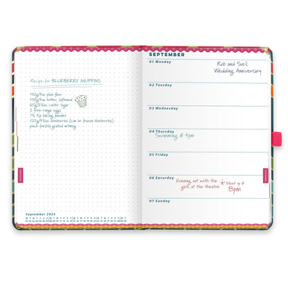 An inside diary spread showing weekly appointments on the right and notes on the left.
