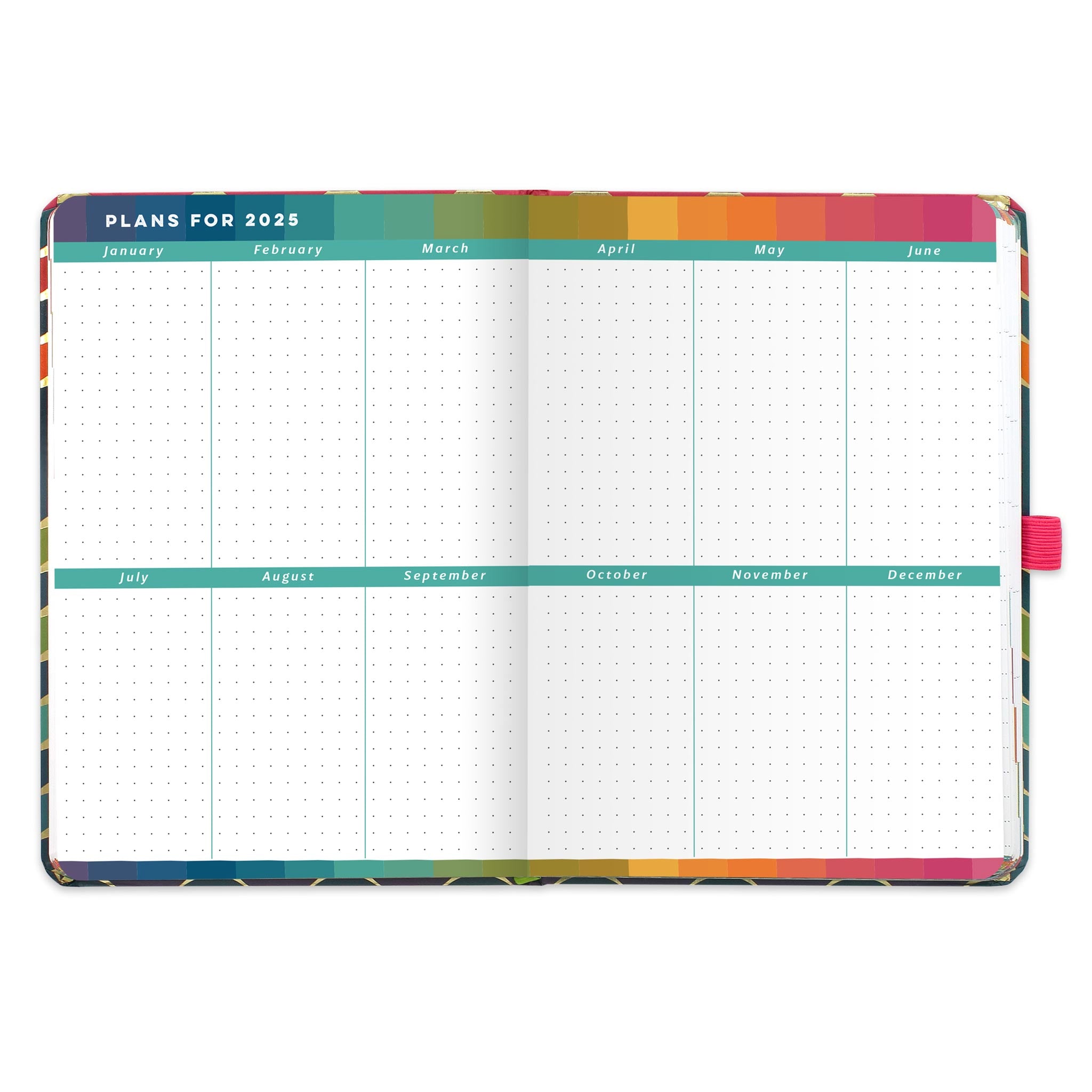 An open diary planner with plans for 2025 and dotted note space for each month. 
