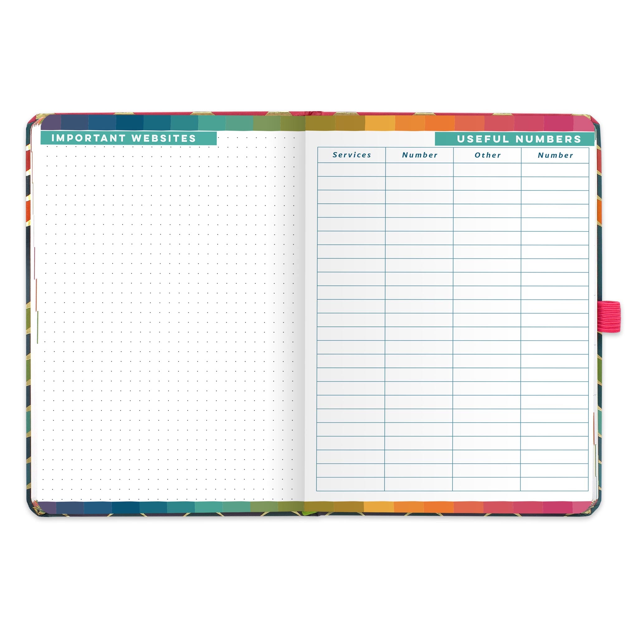 An open diary planner with a page for Important websites and a useful numbers page.