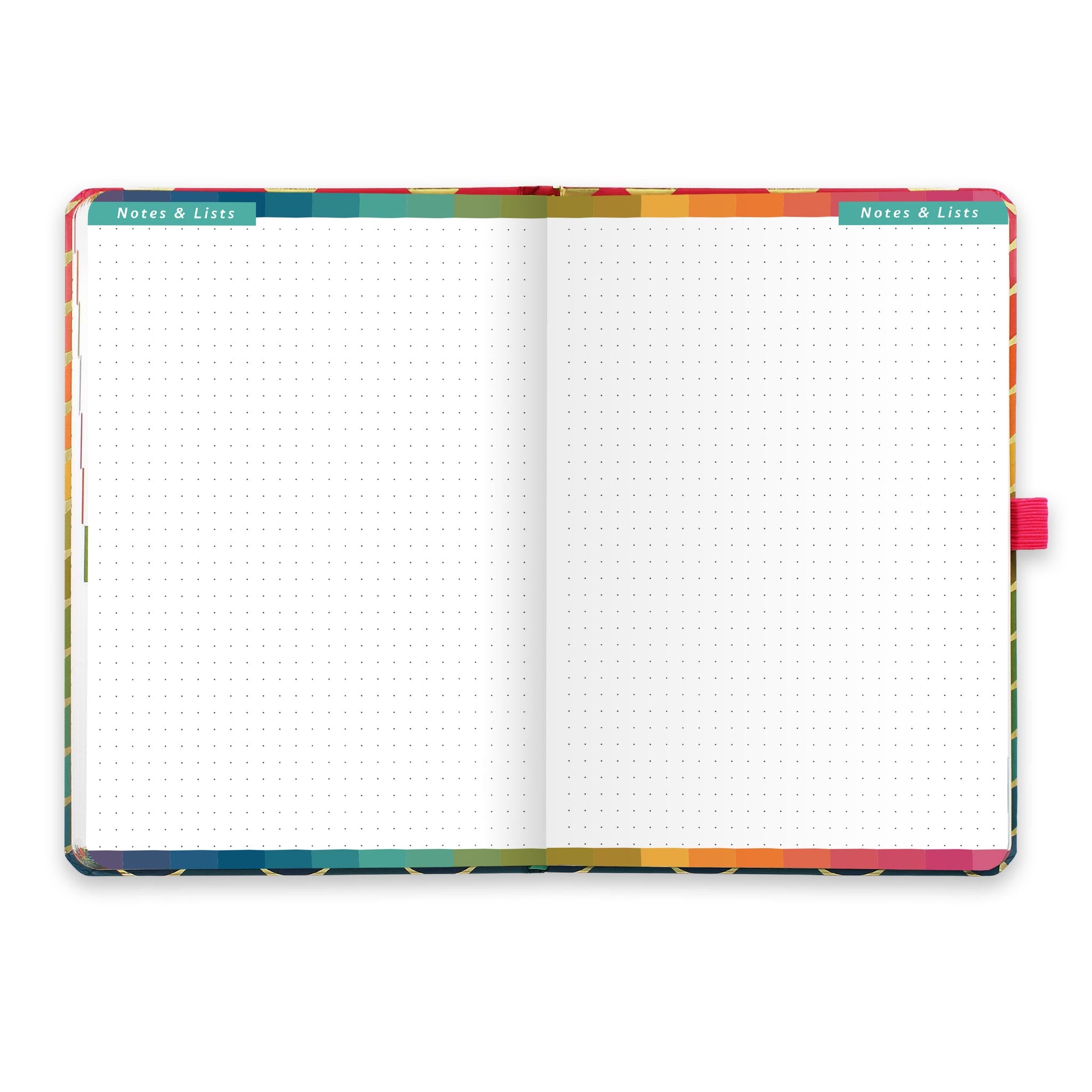 An open diary with dotted notes and lists pages.
