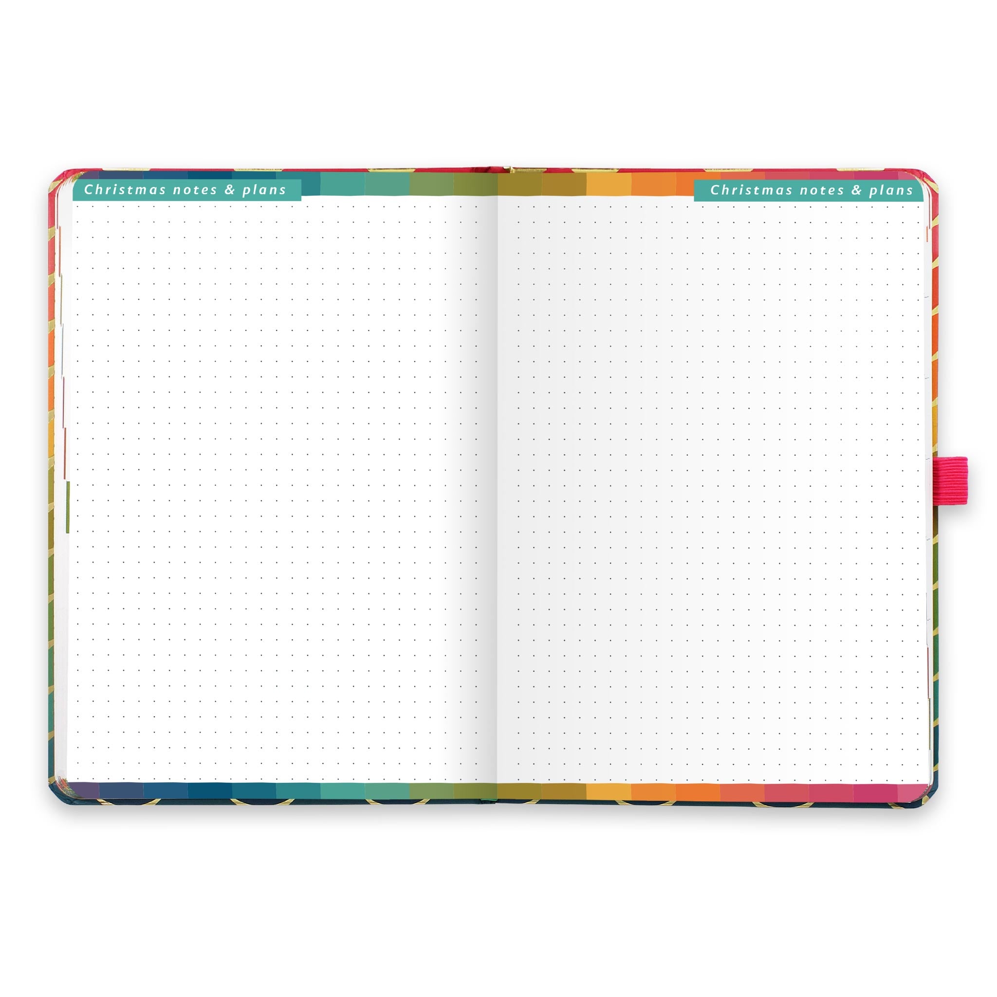 An open diary with dotted Christmas notes and plans pages.
