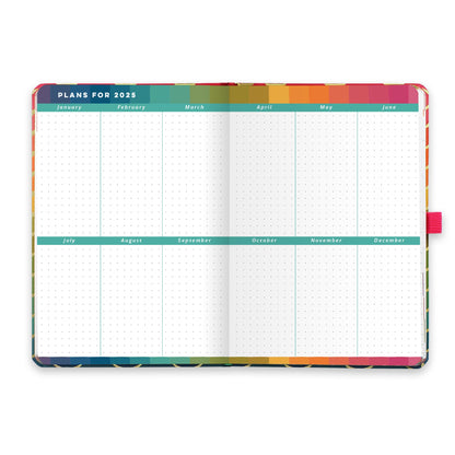 An open diary planner with plans for 2025 and dotted note space for each month. 
