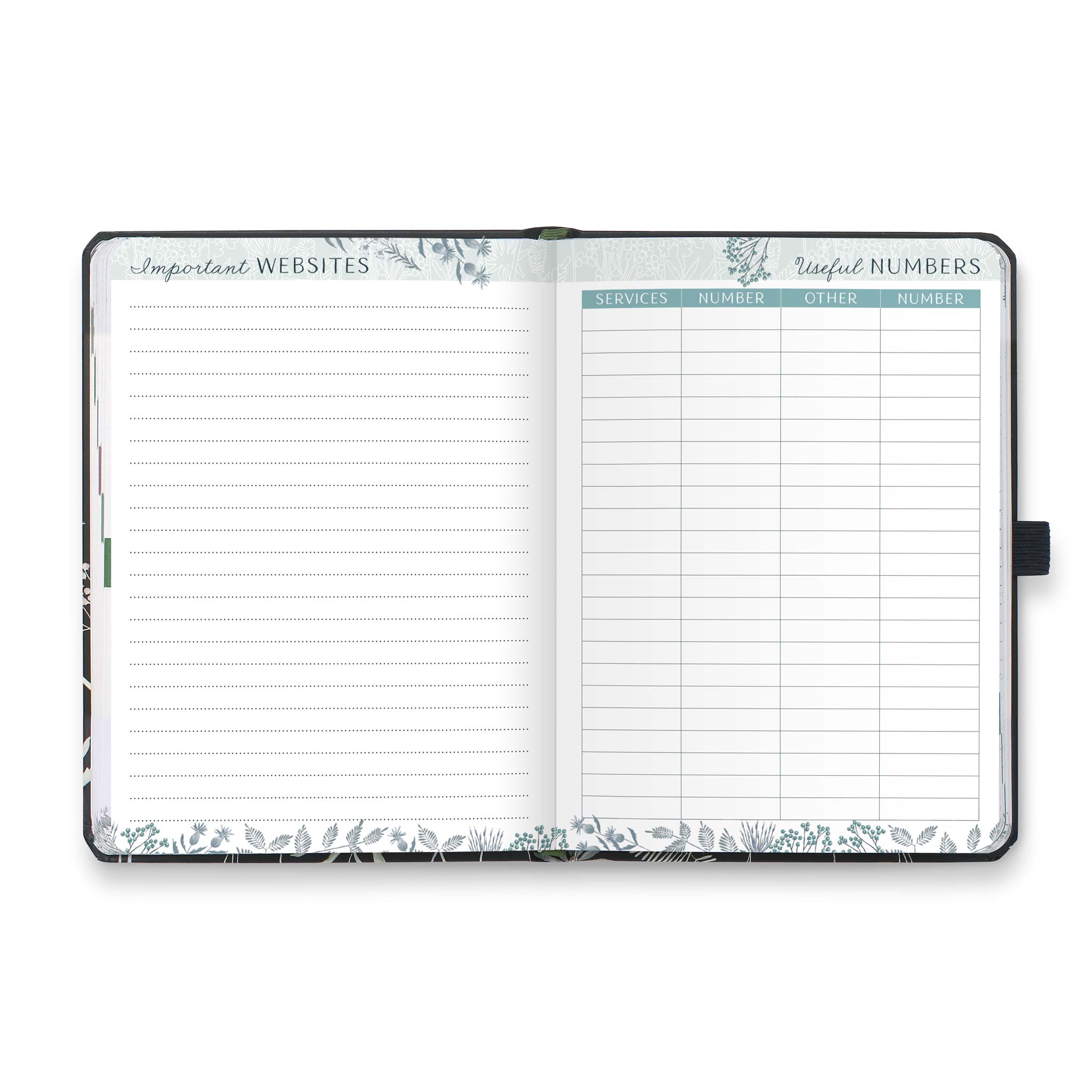 An open diary planner with a page for Important websites and a useful numbers page