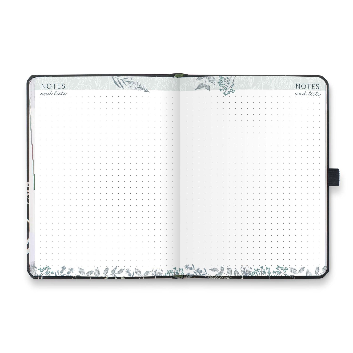 An open diary with dotted notes and lists pages