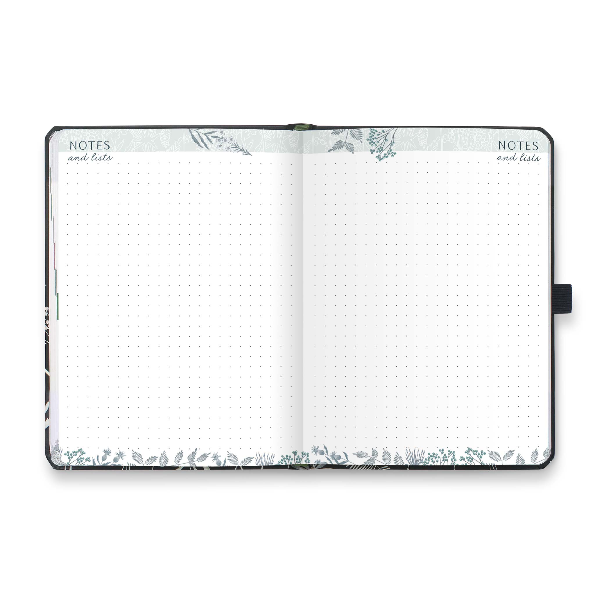 An open diary with dotted notes and lists pages