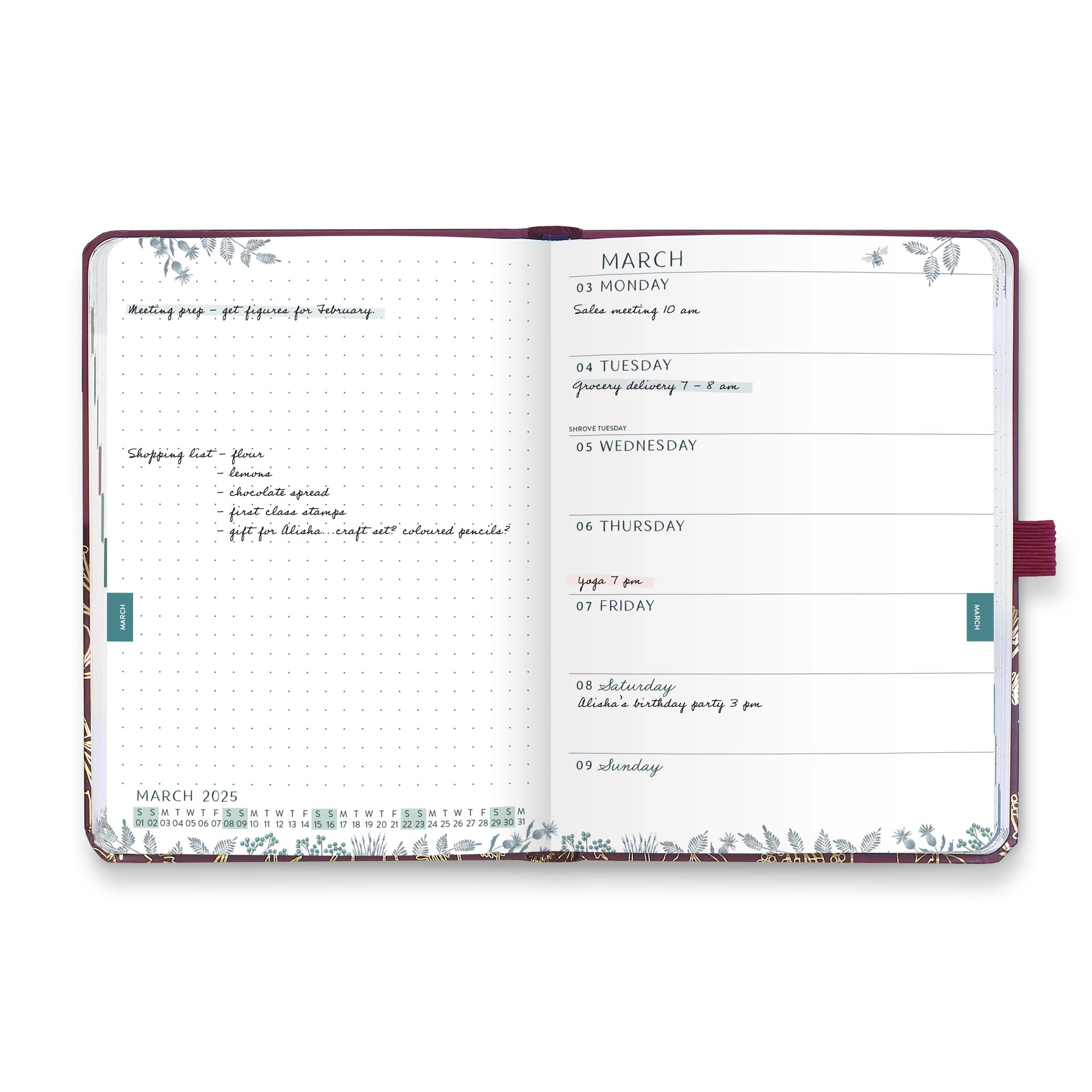 An inside diary spread showing weekly appointments on the right and notes on the left