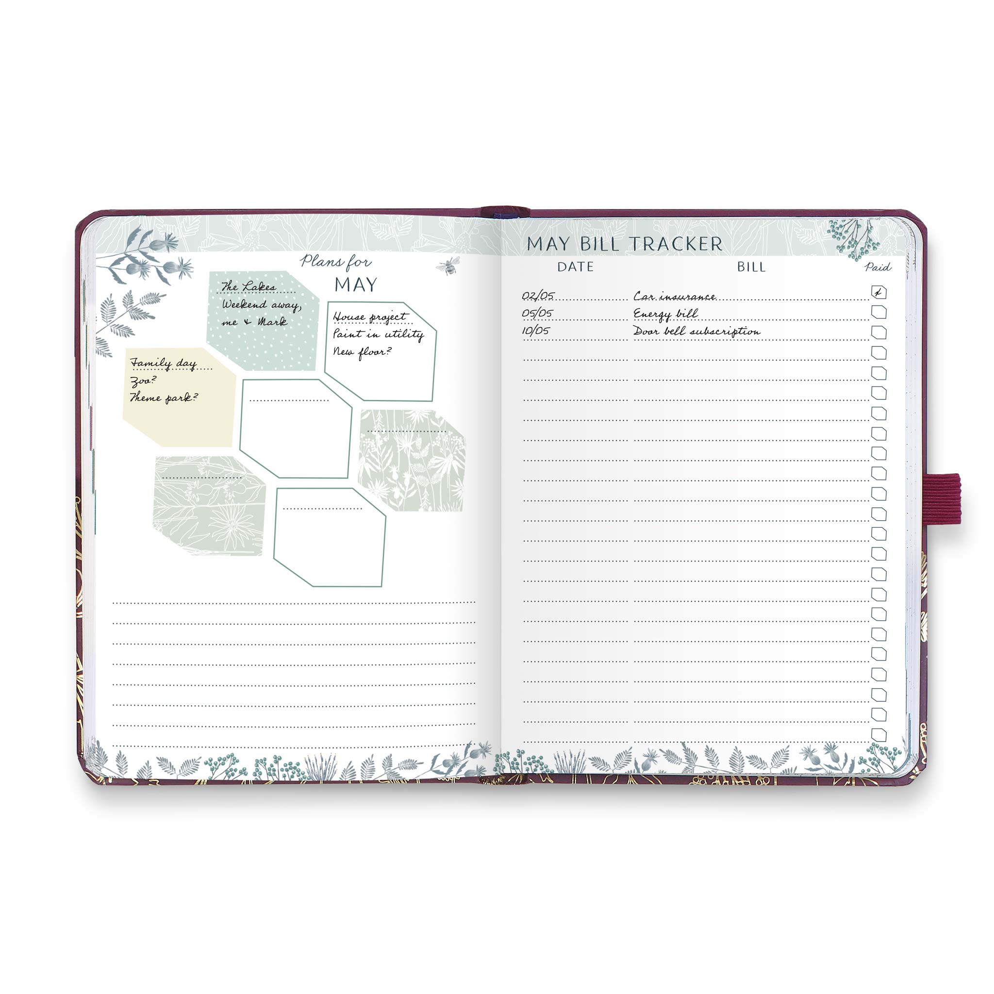An open diary planner with a monthly plans page and a monthly bill tracker