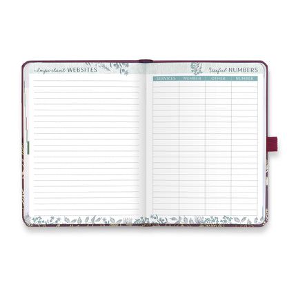 An open diary planner with a page for Important websites and a useful numbers page