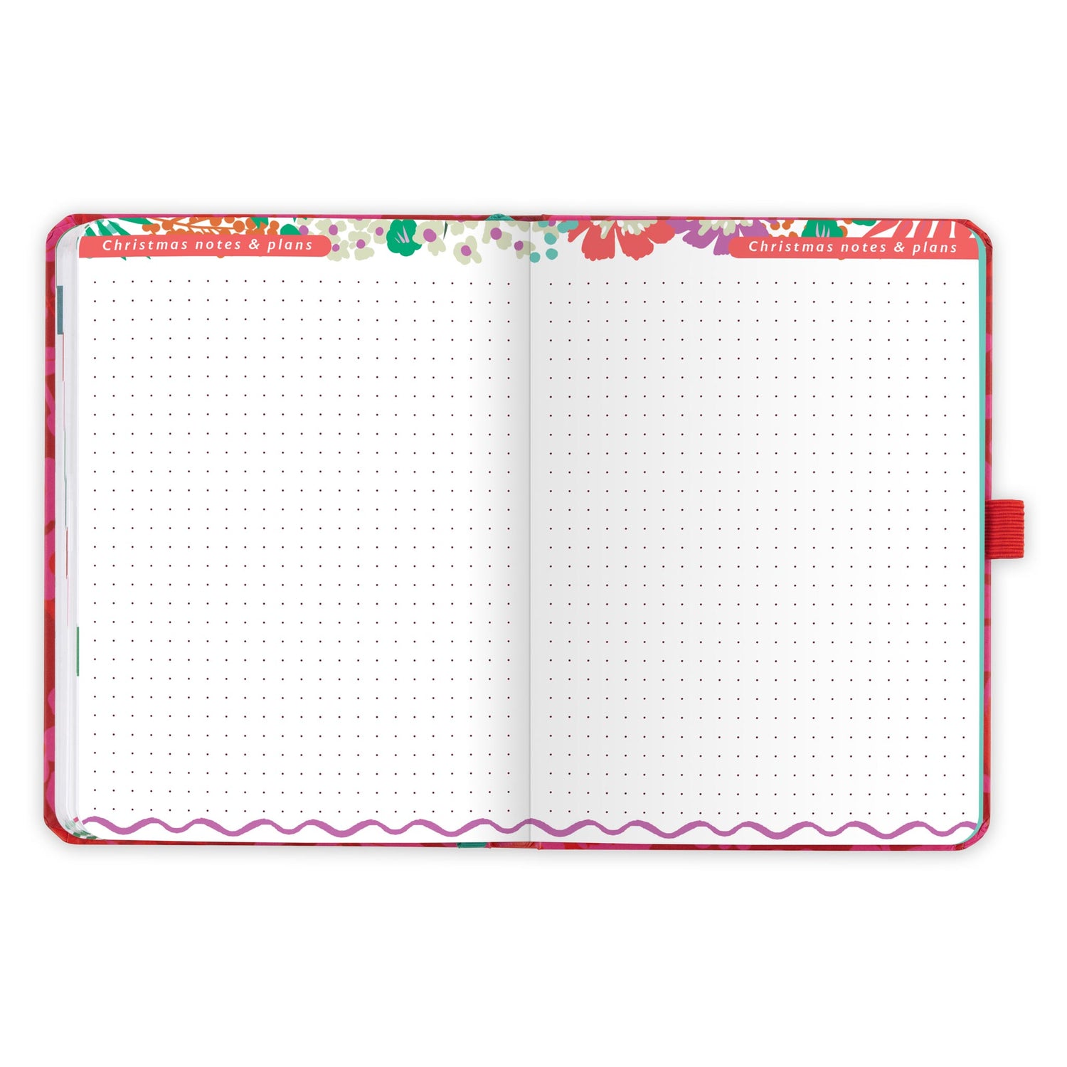 An open diary with dotted Christmas notes and plans pages.
