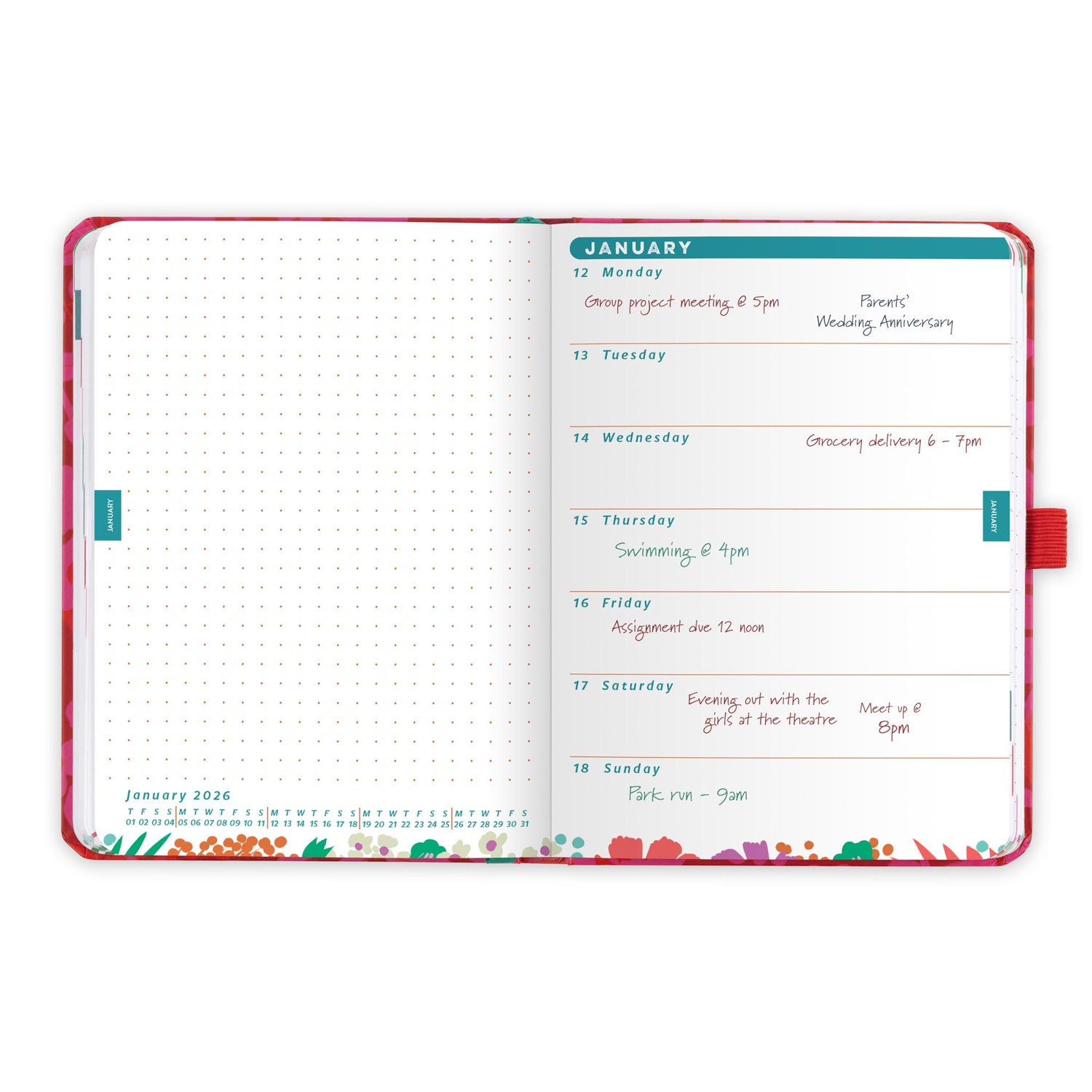 An inside diary spread showing January 2026 with a diary page on the right and dotted note on the left.
