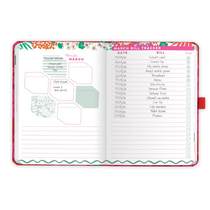 An open pocket diary with a monthly plans page and a monthly bill tracker.
