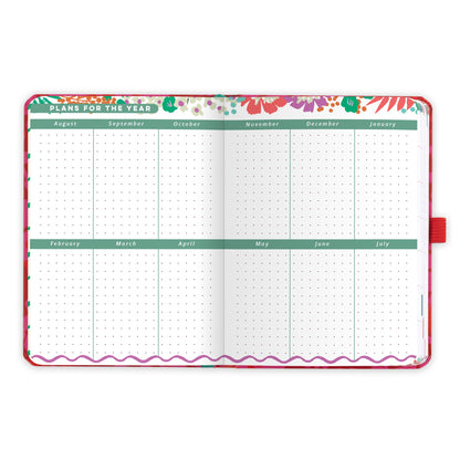 An open academic planner with plans for the academic year and dotted note space for each month. 