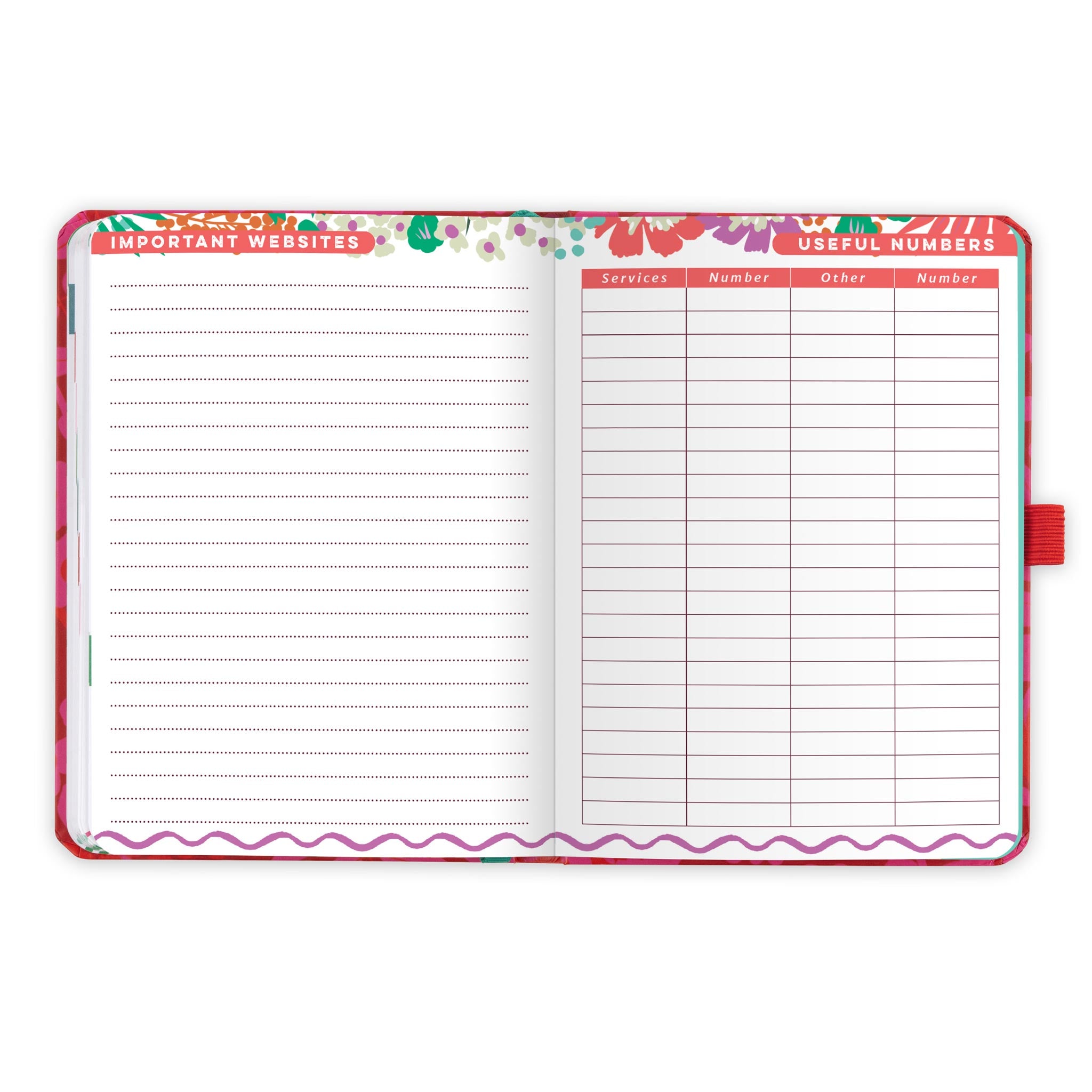 An open diary planner with a page for Important websites and a useful numbers page.
