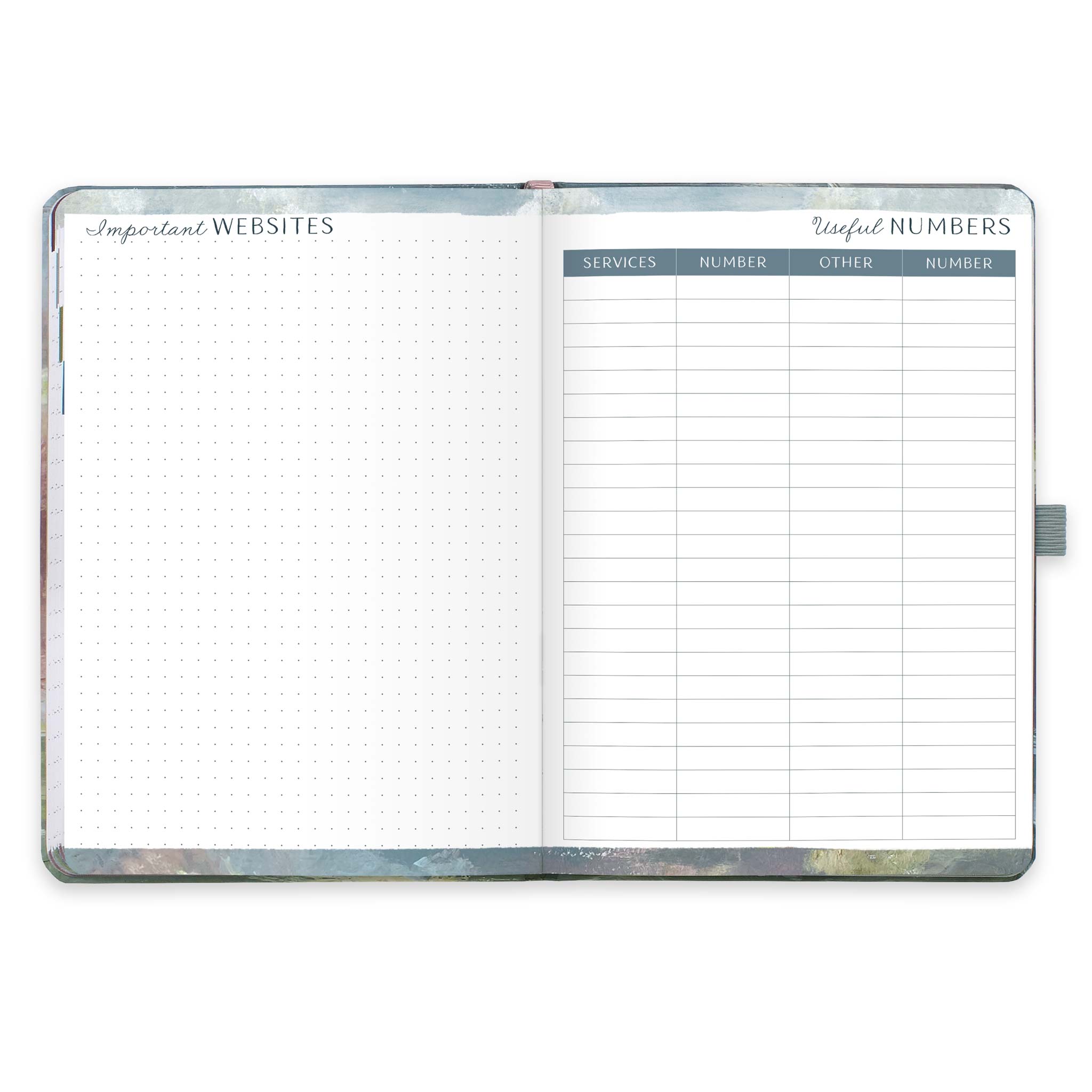 &quot;An open diary planner with a page for Important websites and a useful numbers page &quot;