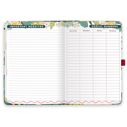 An open weekly planner diary with a page for Important websites and a useful numbers page.