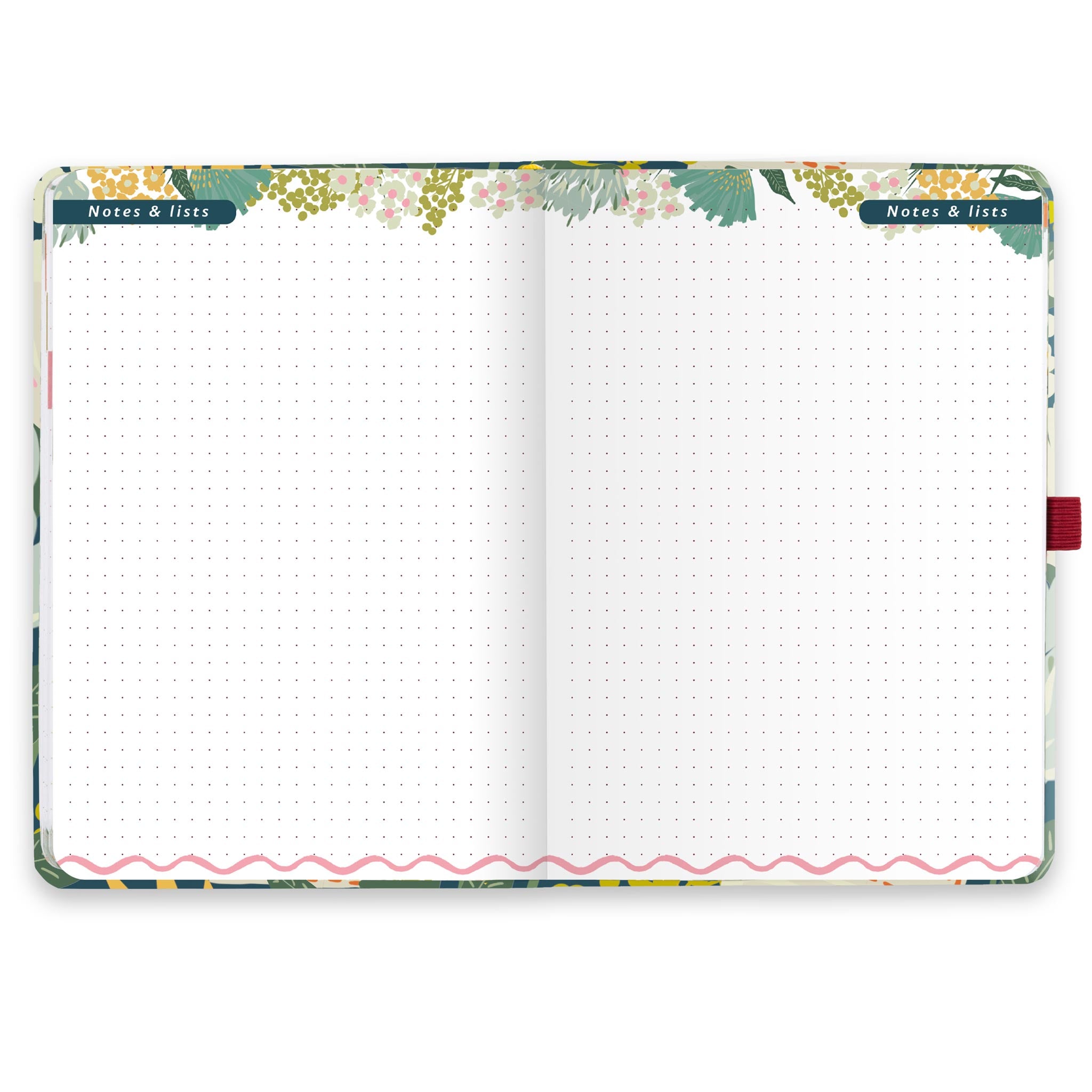 An open academic diary with dotted notes and lists pages.