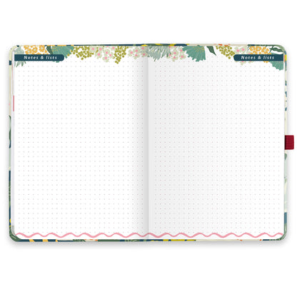 An open academic diary with dotted notes and lists pages.