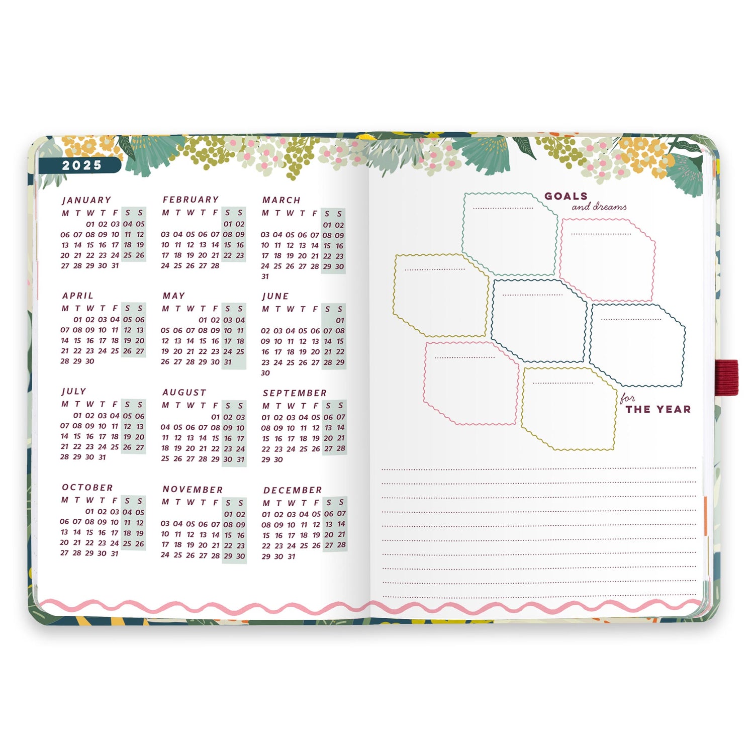 An open weekly planner diary with a goals and dreams for the year page and a page with year micro calendar for 2025.