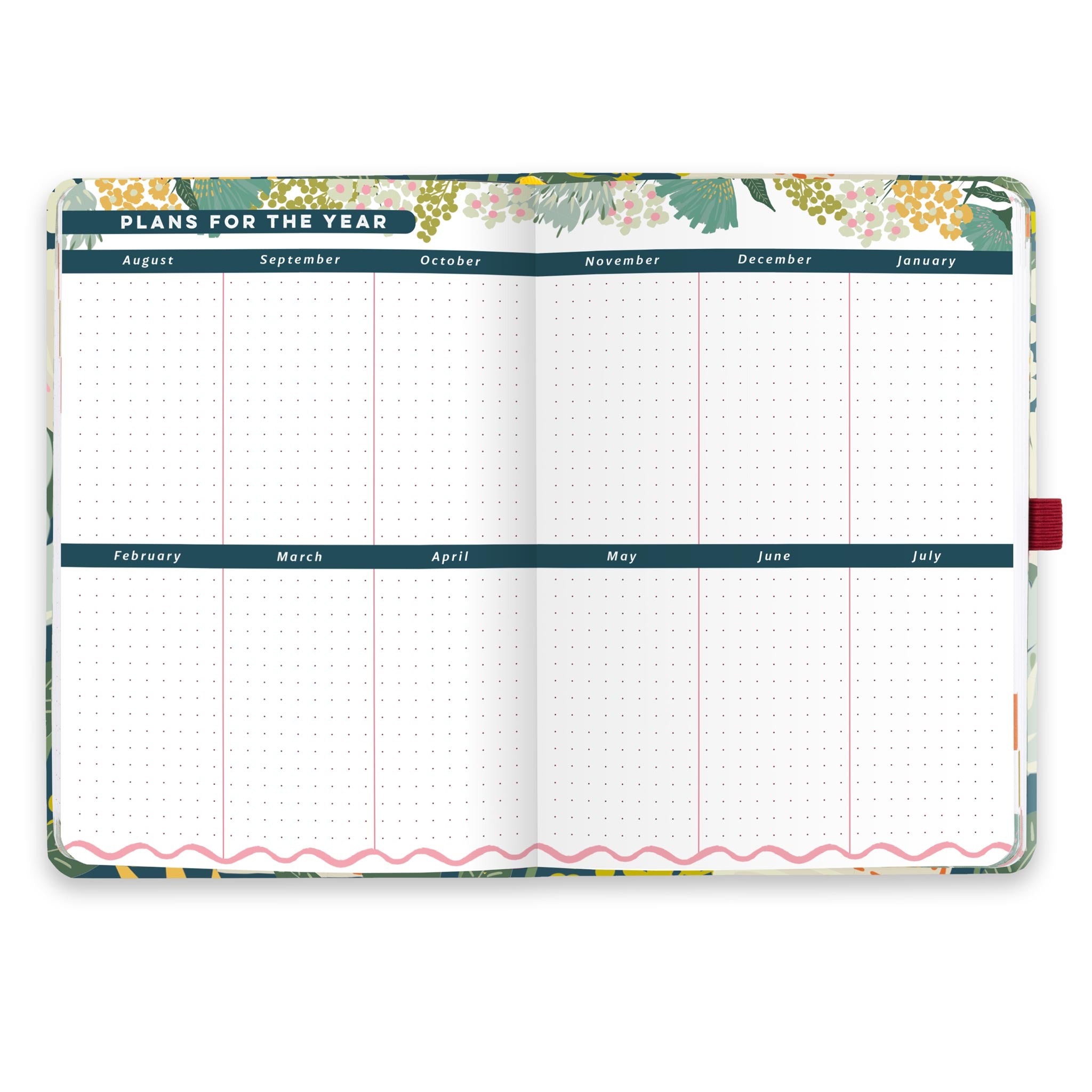 A double page spread with dotted note space for each month of the year.